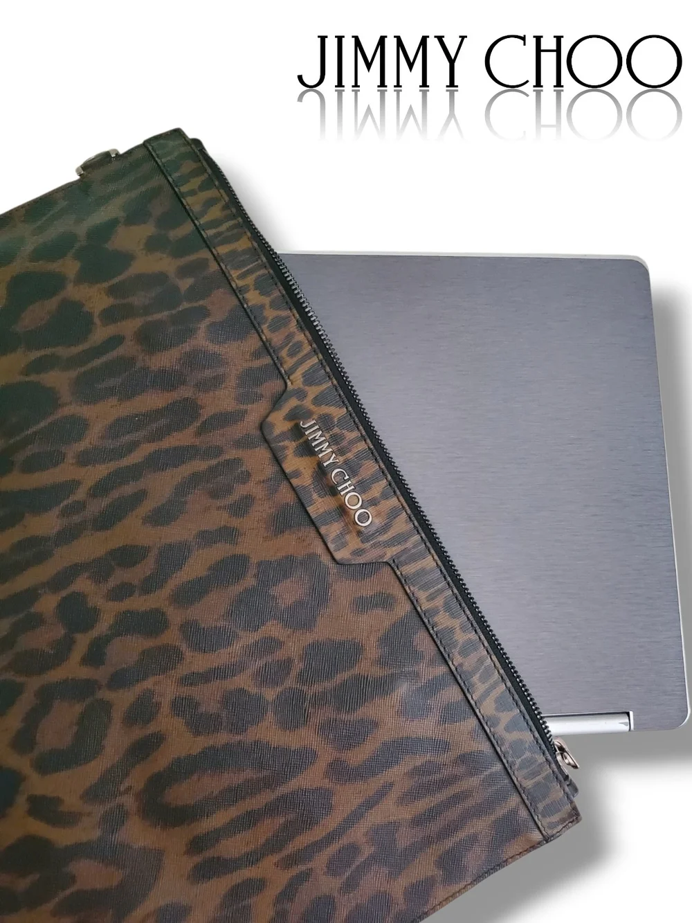 Jimmy Choo Leopard Print Large Zip Portfolio Clutch Document Bag Laptop Sleeve